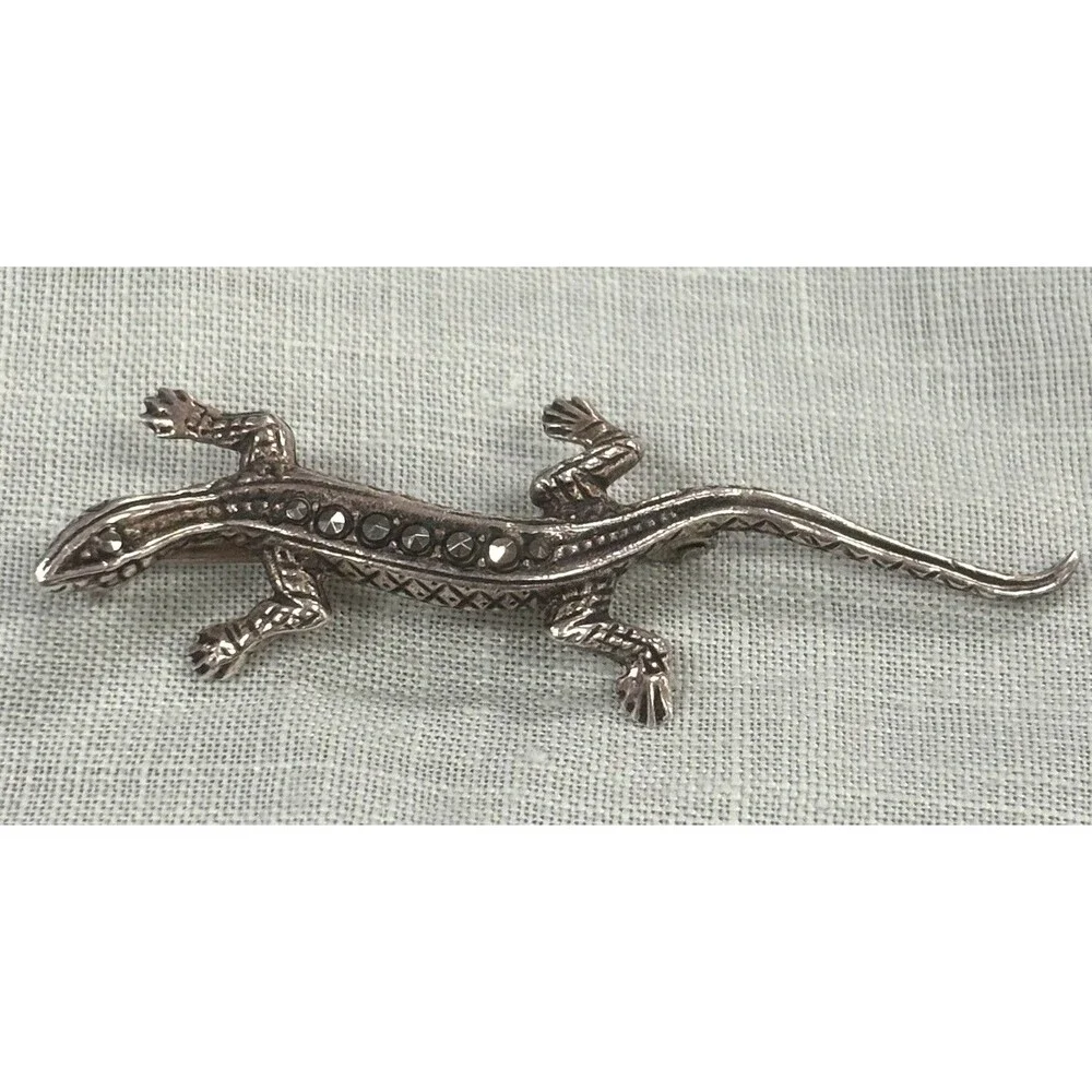 Vintage 925 Sterling Silver Marcasite Lizard Brooch Figural Gecko Pin Estate